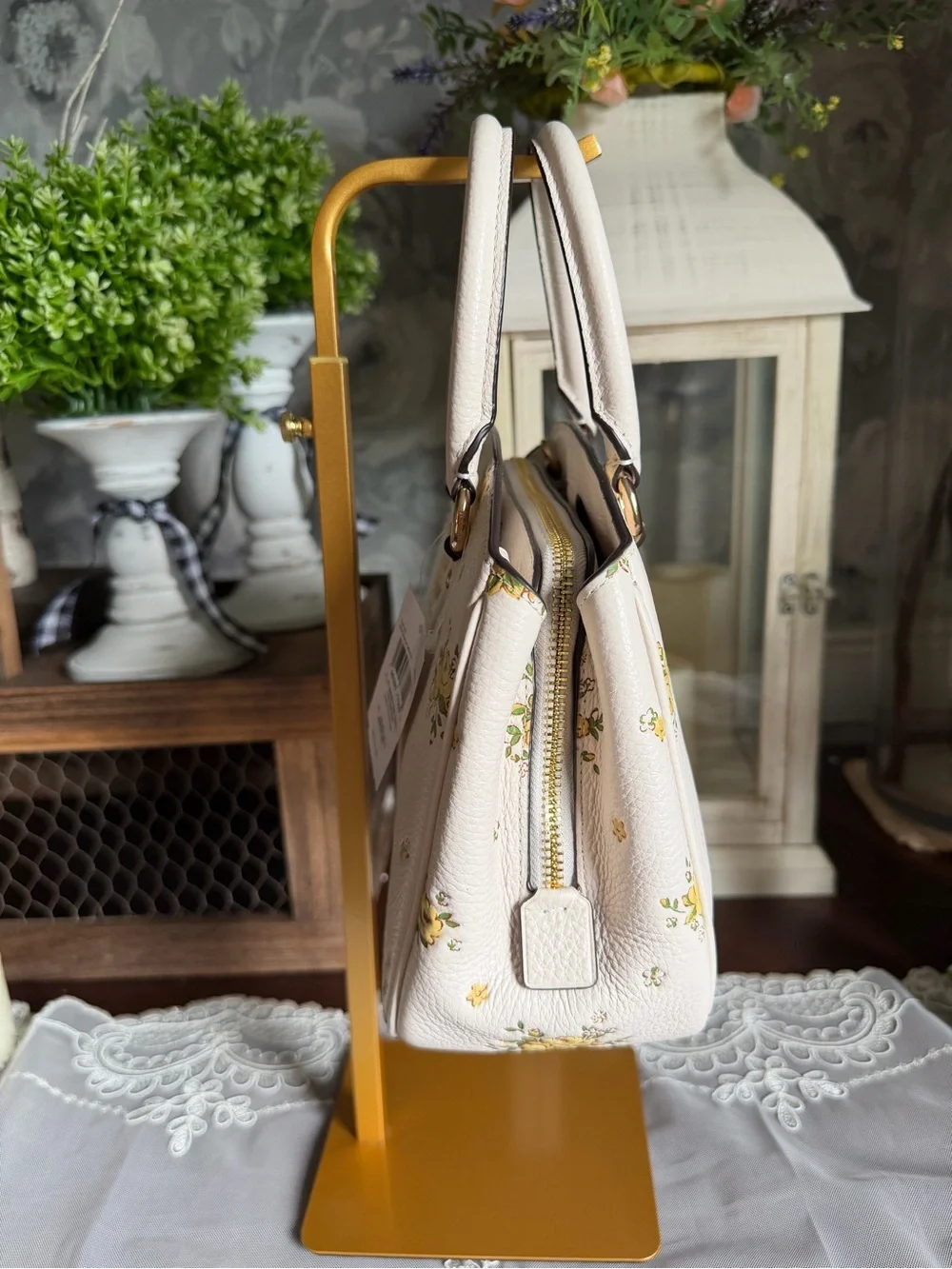 NWT Coach Cream Yellow Leather Floral Savannah Carryall Satchel Purse Handbag